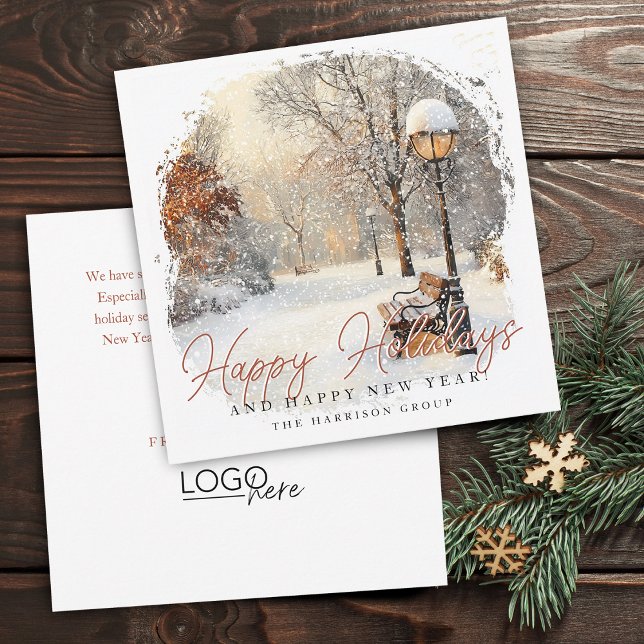 Tarjeta Festiva Escena Invernnal Festiva Tu Logo Negocio (Festive Winter Scene Your Logo Business Holiday Card)