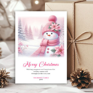 Tarjeta Festiva Escena navideña imprimible de muñeco de nieve rosa