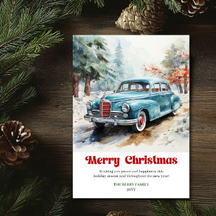 Tarjeta Festiva Escena navideña rústica de moda con coche vintage 