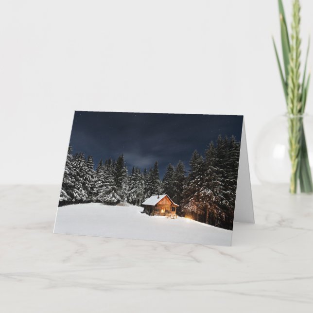 Tarjeta Festiva Escena Nevado de la cabina del arbolado para la (Anverso)