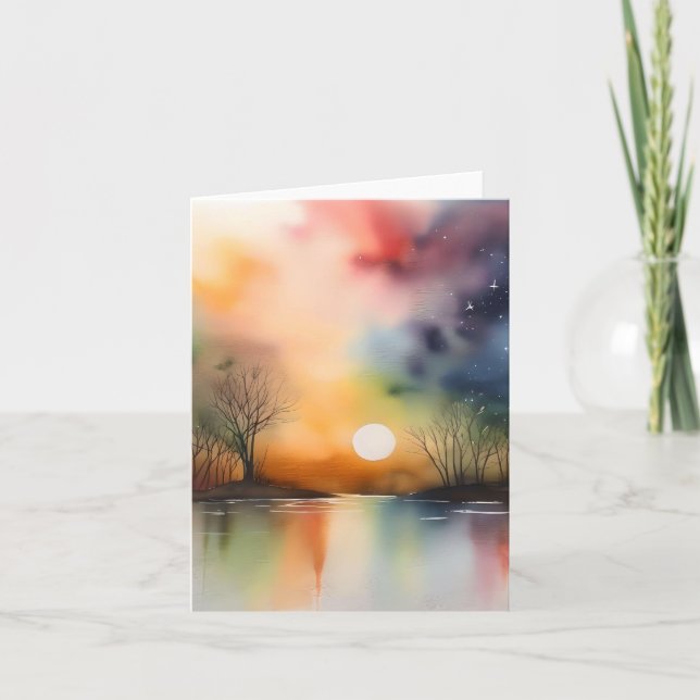 Tarjeta Festiva Escena nocturna de otoño C - acuarelas y pluma (Anverso)