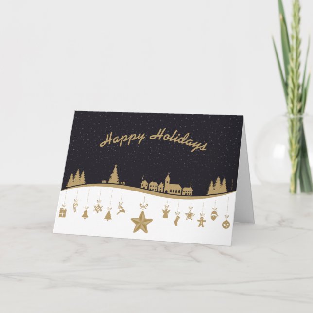 Tarjeta Festiva Escena nocturna de vacaciones doradas con adornos  (Anverso)