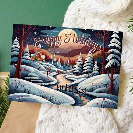Tarjeta Festiva Escena Nocturna Invernal Felices Fiestas 