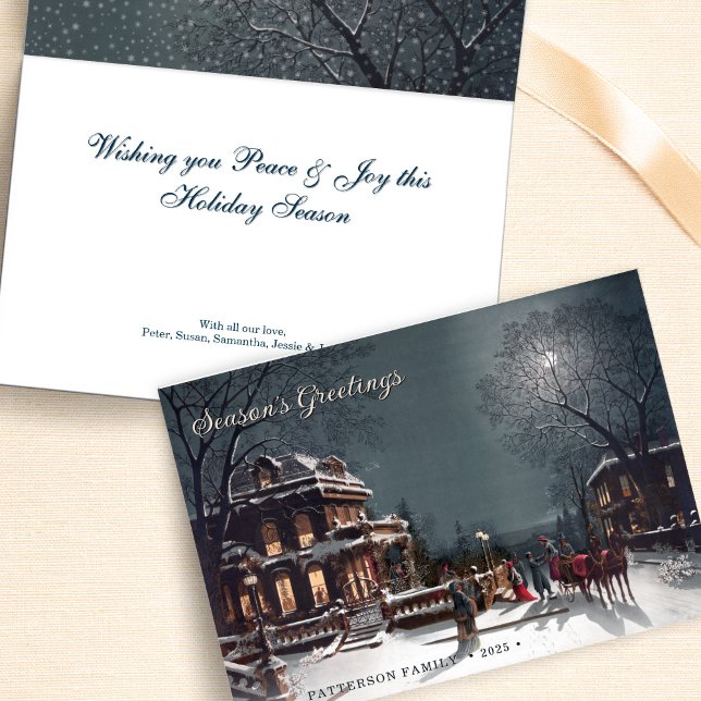 Tarjeta Festiva Escena personalizada de Nochebuena Victoriana eleg (Elegant, snowy Victorian winter scene, personalizable Holiday card.)