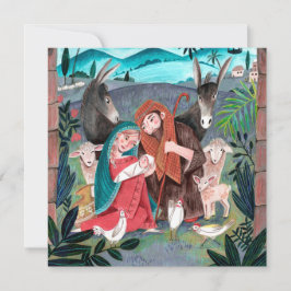 Tarjeta Festiva Escena religiosa de la natividad azul, María y Jos