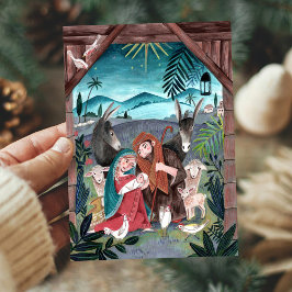 Tarjeta Festiva Escena religiosa de la Natividad azul, roja María