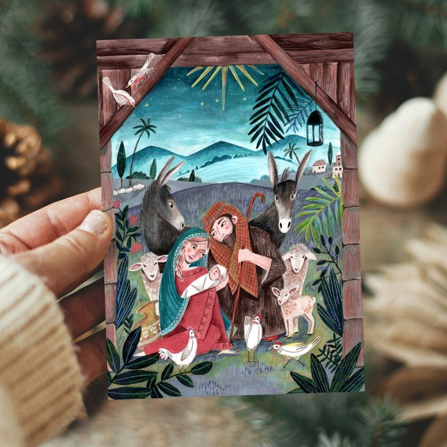 Tarjeta Festiva Escena religiosa de la Natividad azul, roja María  (Religious nativity scene Christmas Holiday Card)
