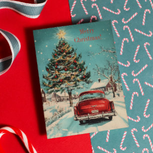 Tarjeta Festiva Escena Retro de Clásicos Navideños con Autos y Árb