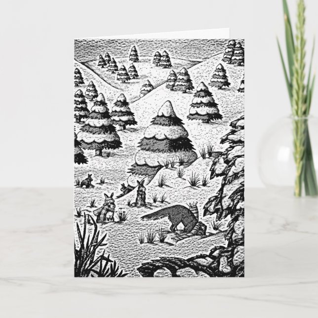 Tarjeta Festiva escenas de nieve de invierno de zorro y conejos ad (Anverso)