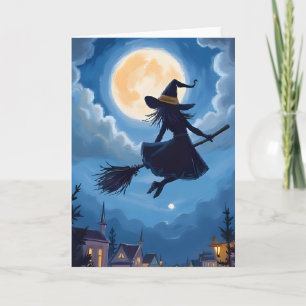 Tarjeta Festiva Escoba de Bruja bajo la Luz de la Luna Halloween A