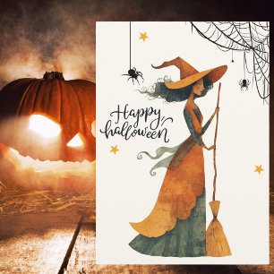 Tarjeta Festiva Escoba de Bruja Vintage Araña Gótico Halloween