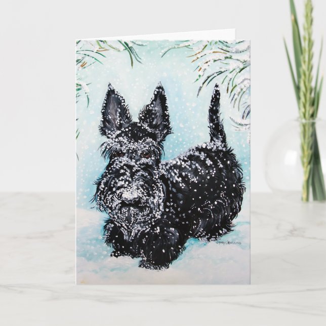 Tarjeta Festiva Escocés Terrier en el invierno "Nora " (Anverso)