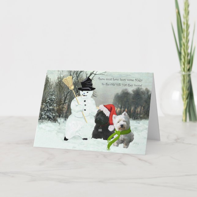 Tarjeta Festiva Escocia y Westie con Snowman (Anverso)