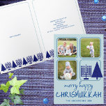 Tarjeta Festiva Escritura a mano entre religiones de la Marina de<br><div class="desc">Las tarjetas de felicitación del personalizado Merry Happy Chrismukkah, que incluyen tus fotos, son una forma bonita de difundir la alegría de las vacaciones durante las vacaciones. Creado con familias interreligiosas en mente, este diseño único incluye divertidas fuentes casuales de estilo manuscrito en azul oscuro sobre un fondo azul claro,...</div>