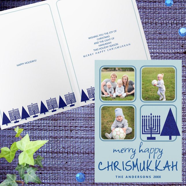 Tarjeta Festiva Escritura a mano entre religiones de la Marina de  (Folded interfaith holiday cards with your photos and custom text are easy to personalize)
