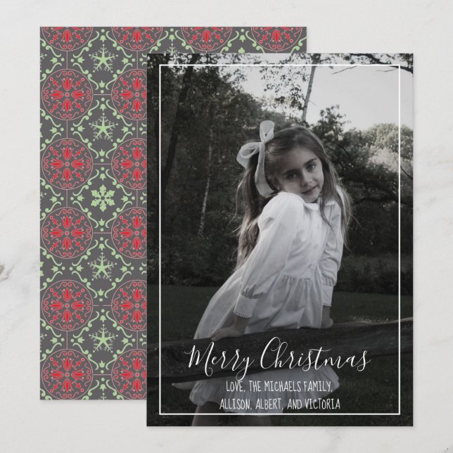 Tarjeta Festiva Escritura de caligrafía de foto navideña de Feliz  (Anverso / Reverso)