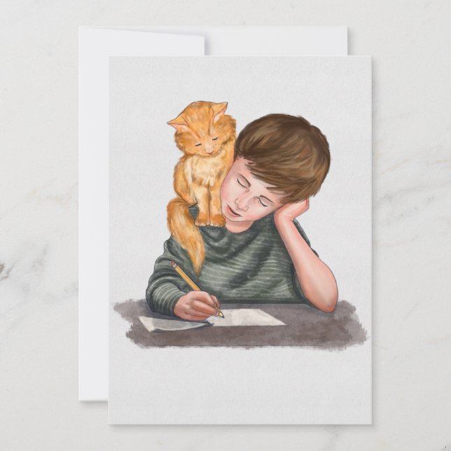 Tarjeta Festiva Escritura de chico, gato en el hombro, hecho a man (Anverso)