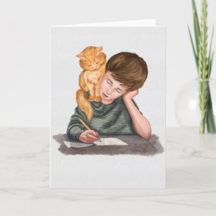 Tarjeta Festiva Escritura de chico, gato en el hombro, hecho a man