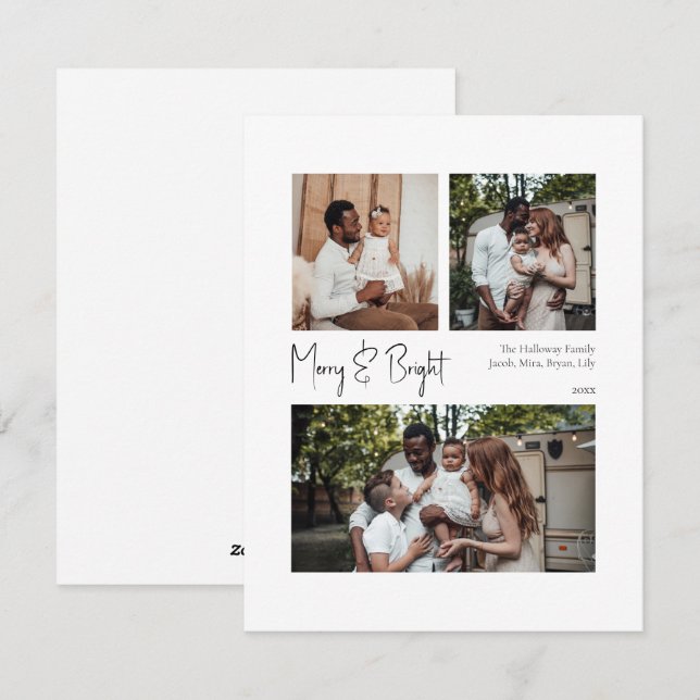 Tarjeta Festiva Escritura moderna con tres fotos centradas en cere (Anverso / Reverso)