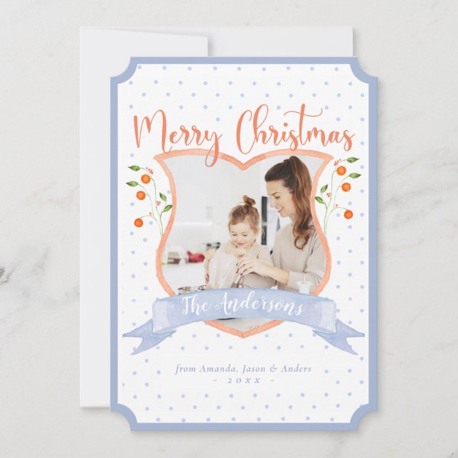 Tarjeta Festiva Escudo de Citrus Blue Chinoiserie Navidades de fot (Anverso)