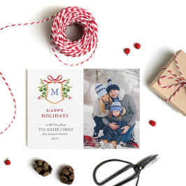 Tarjeta Festiva Escudo de Felices Fiestas con vegetación Monograma