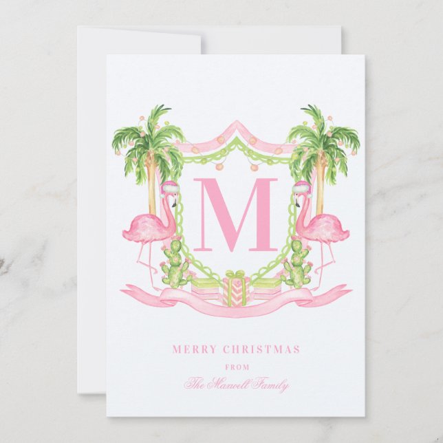 Tarjeta Festiva Escudo de Navidades de Flamingo Preppy (Anverso)