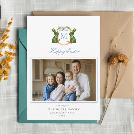 Tarjeta Festiva Escudo monogramada con foto de Topiary Bunny Pascu