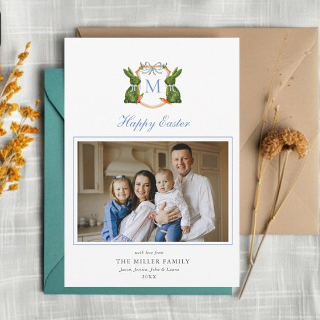 Tarjeta Festiva Escudo monogramada con foto de Topiary Bunny Pascu (Subido por el creador)