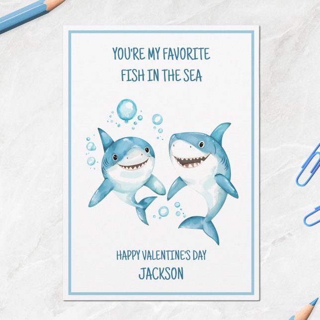 Tarjeta Festiva Escuela de Tiburones para Niños Aula Feliz Día de  (Kids Shark School Classroom Happy Valentine's Day Holiday Card)