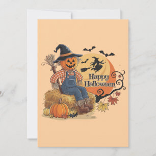 Tarjeta Festiva Espantapájaros Calabaza Halloween Ambiente Rústico