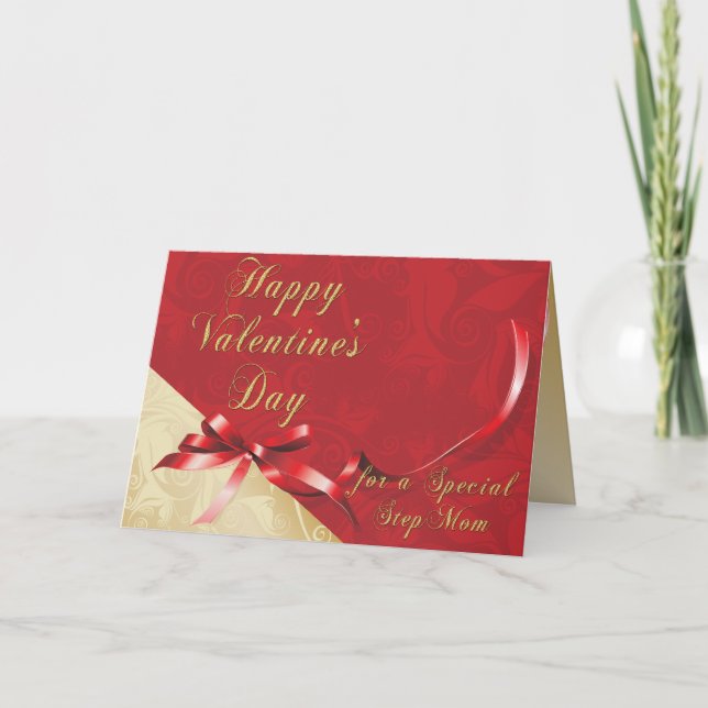 Tarjeta Festiva Especial StepMom Gold y Red Filigree Valent (Anverso)
