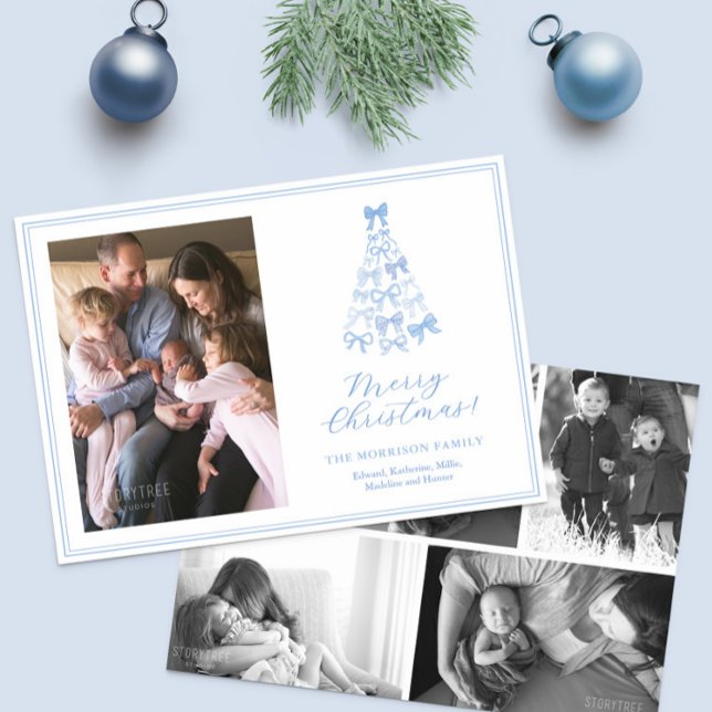Tarjeta Festiva Espectacular Blue White Bows Feliz Fotos de Navida (Trendy watercolor blue bows Merry Christmas photo collage holidays card)