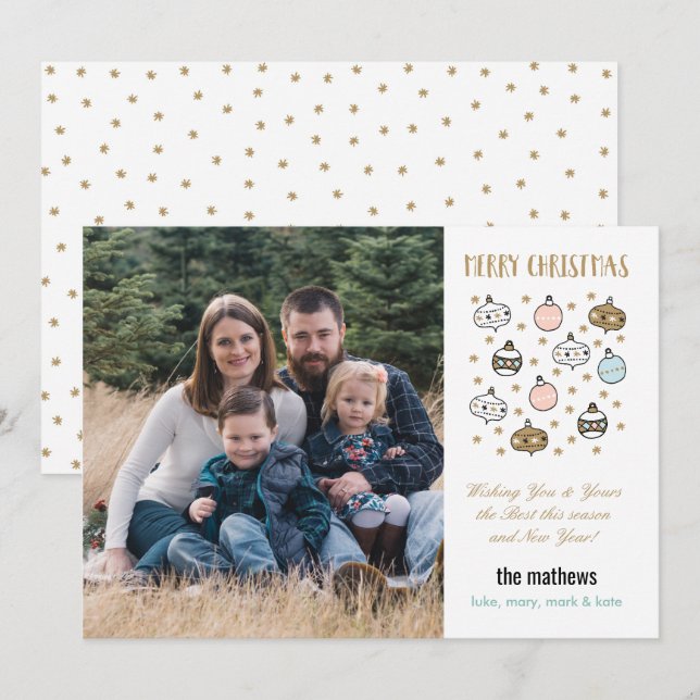 Tarjeta Festiva Espectaculares Ornamentos navideños y fotografías  (Anverso / Reverso)