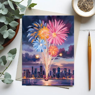 Tarjeta Festiva Espectáculo de Fuegos Artificiales   Acuarela de N