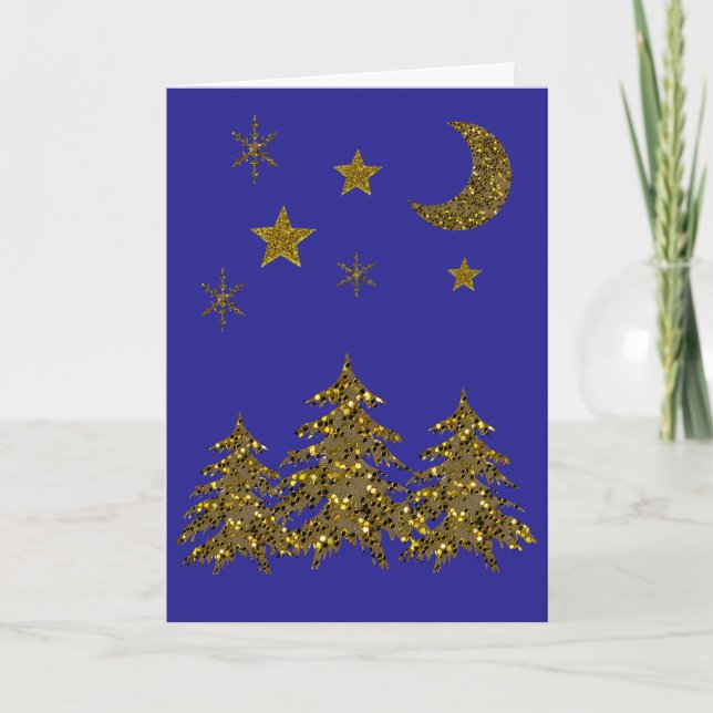 Tarjeta Festiva Espeluznante árbol de Navidad, luna, estrellas en  (Anverso)