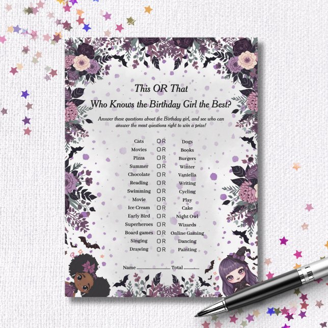 Tarjeta Festiva Espeluznante chica gótico de cumpleaños Esta o aqu (Spooky Gothic Birthday girl This or That Game card)