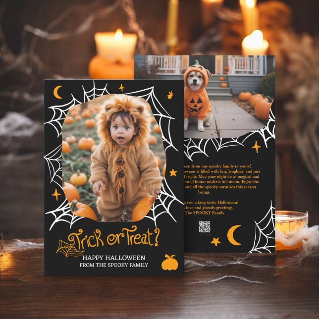 Tarjeta Festiva Espeluznante Halloween Spider web Trick o tratar 2 (Spooky Halloween Spider web Trick or treat 2 photo Holiday Card)