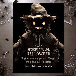 Tarjeta Festiva Espeluznante saludo de Halloween en Scarecrow