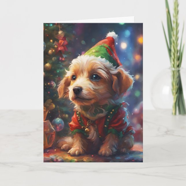 Tarjeta Festiva Esperando a Santa Claus, saludos de perros de vaca (Anverso)