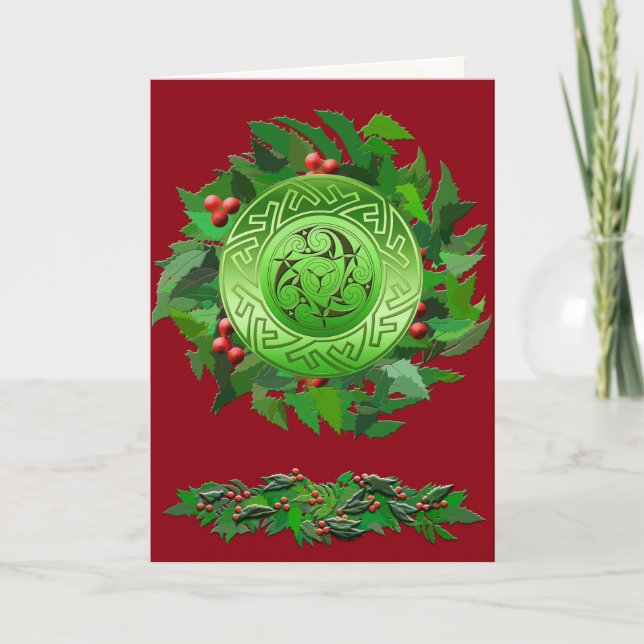 Tarjeta Festiva Espiral de Yule Celta con Holly (Anverso)