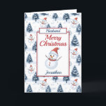 Tarjeta Festiva Esposo Navidades Snowman<br><div class="desc">Una preciosa tarjeta de Navidades de marido. El patrón de diseño presenta adorables hombres de nieve con sombreros y bufandas de santa roja y abetos azules cubiertos de nieve, todo en un fondo nevado. Todo el texto se puede modificar según sea necesario para que el personalizar lo personalize con un...</div>