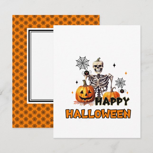 Tarjeta Festiva Esqueleto con calabazas (Anverso / Reverso)