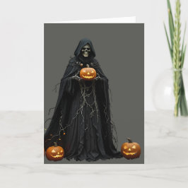 Tarjeta Festiva Esqueleto de Halloween con capa negra con capucha 