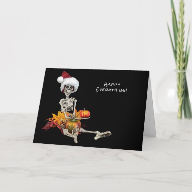 Tarjeta Festiva Esqueleto de Halloween con gorra de Navidades (Anverso)