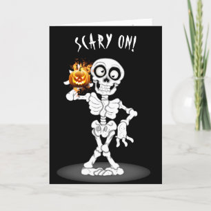 Tarjeta Festiva Esqueleto de Halloween sosteniendo una calabaza de