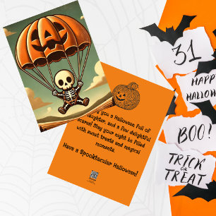 Tarjeta Festiva Esqueleto Espeluznante en Paracaídas de Calabaza, 