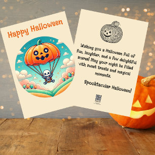 Tarjeta Festiva Esqueleto espeluznante en paracaídas de calabaza, 