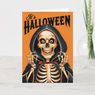 Tarjeta Festiva Esqueleto vintage de Halloween con capa