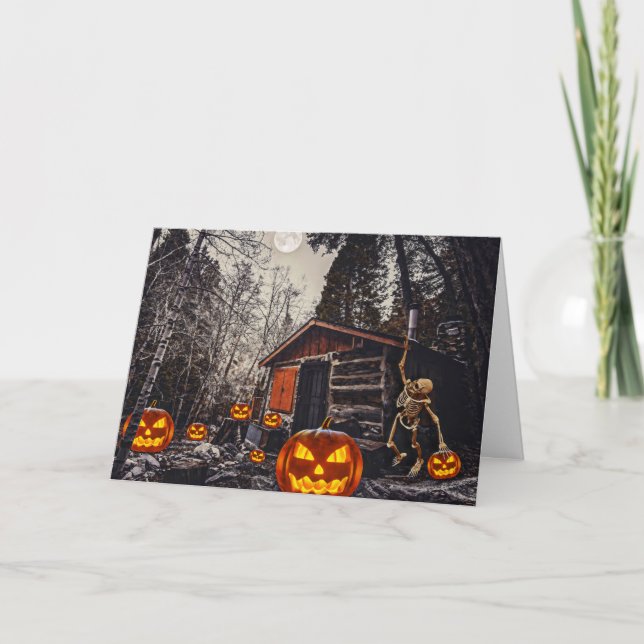 Tarjeta Festiva Esqueleto y calabazas Feliz Halloween (Anverso)