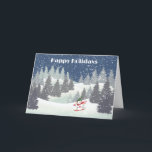 Tarjeta Festiva Esquí de Snowmwan y minas de invierno<br><div class="desc">Paisaje de pinos con snowman esquiando y copos de nieve en un fondo azul invernal. Se puede cambiar el color del cielo. El texto es editable.</div>